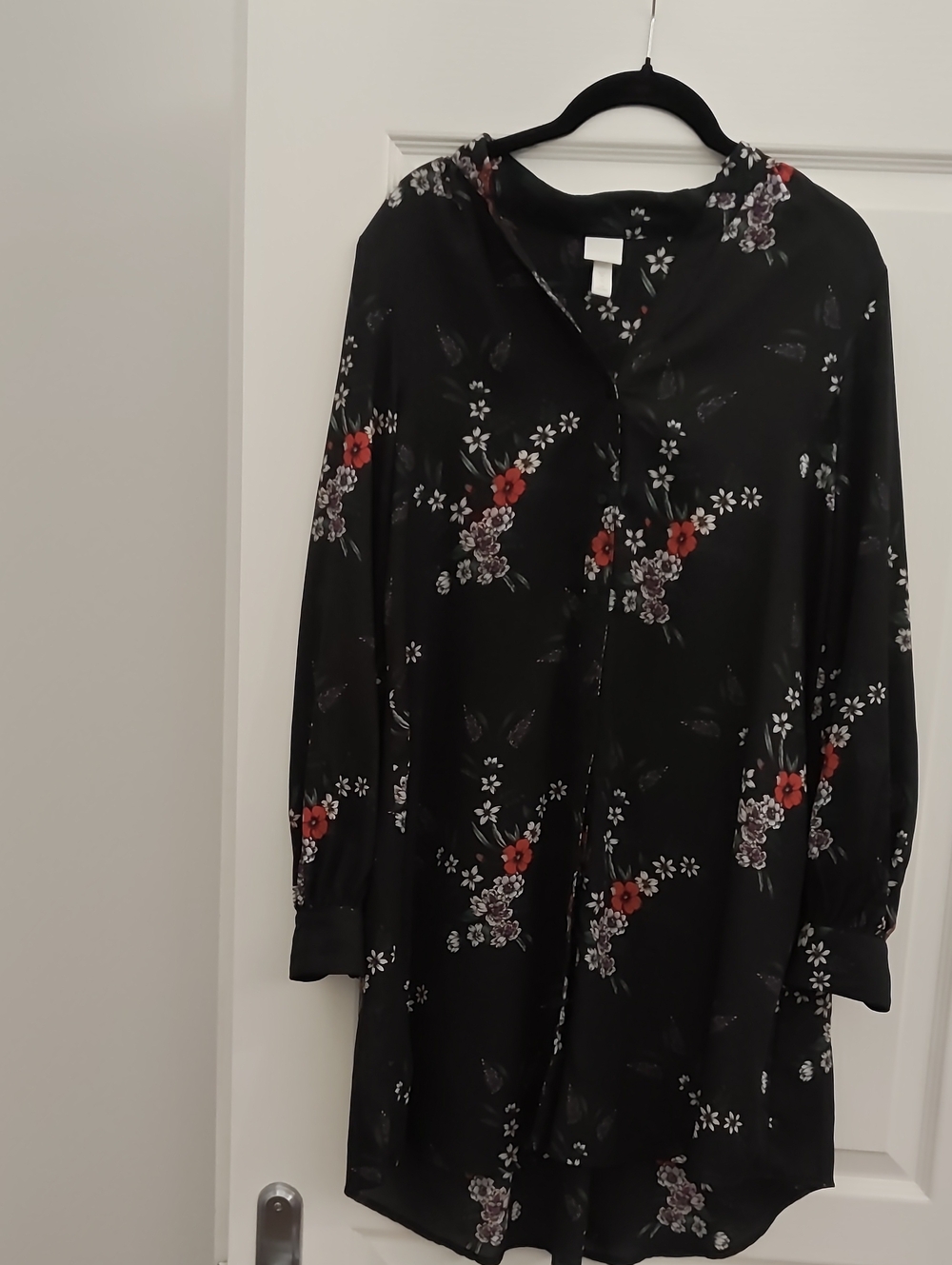 2014 H&M Black Floral Long-Sleeve Button Dress with Red Accents